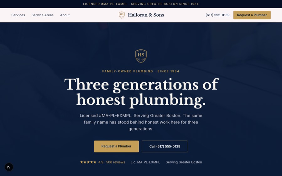 The Heritage site, a sample build for a plumbing business